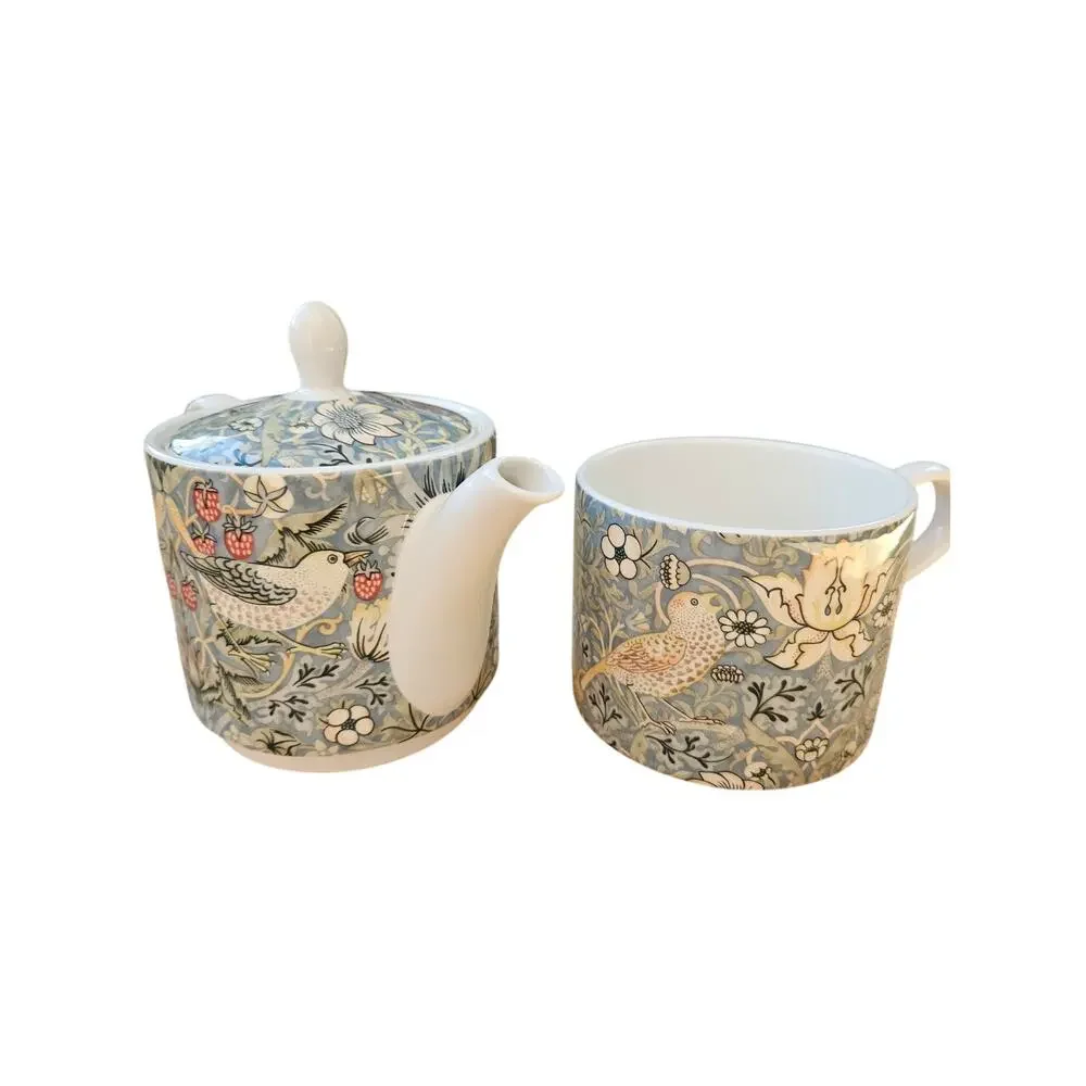 Spode Morris & Co Strawberry Thief Tea For One Teapot Mug Set Porcelain Boxed